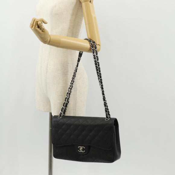 CHANEL Matelasse 30 Double Flap Chain Bag Caviar Skin Black CC Auth 146363SM