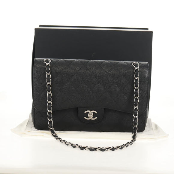 CHANEL Matelasse 30 Double Flap Chain Bag Caviar Skin Black CC Auth 146363SM