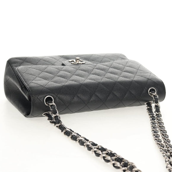 CHANEL Matelasse 30 Double Flap Chain Bag Caviar Skin Black CC Auth 146363SM