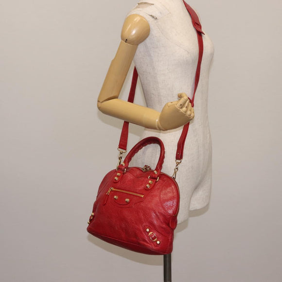 BALENCIAGA Classic bowling Hand Bag Leather 2way Red Gold Auth 146366