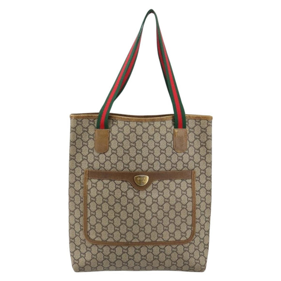 GUCCI GG Plus Supreme Web Sherry Line Tote Bag PVC Beige Gold Auth 146421