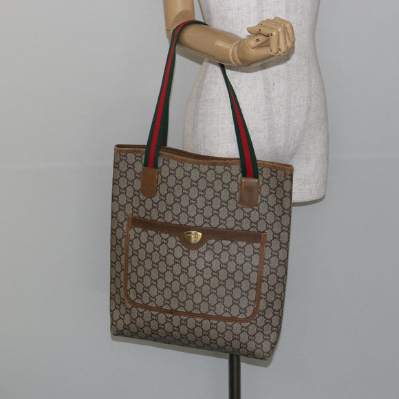GUCCI GG Plus Supreme Web Sherry Line Tote Bag PVC Beige Gold Auth 146421