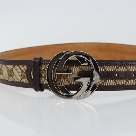 GUCCI GG Canvas Interlocking Belt 37.4"" Beige Silver 114876 Auth 146423