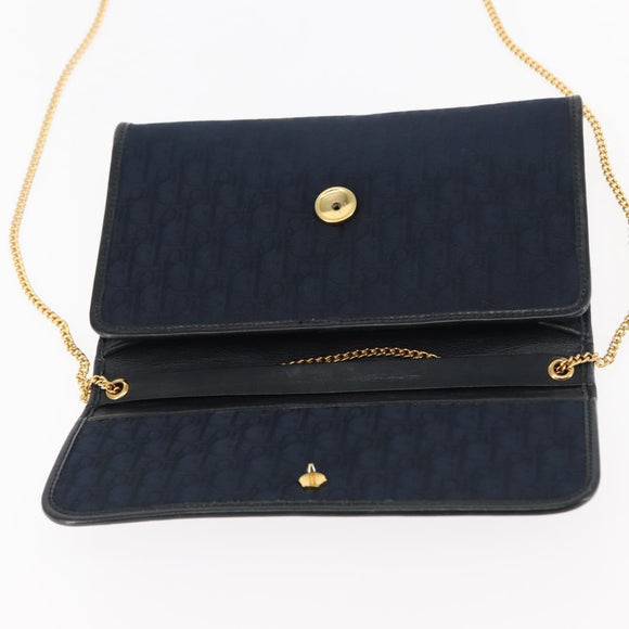 Christian Dior Trotter Canvas Chain Shoulder Bag Navy Gold Auth 146428