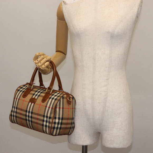 Burberrys Nova Check Hand Bag Canvas Beige Gold Auth 146440