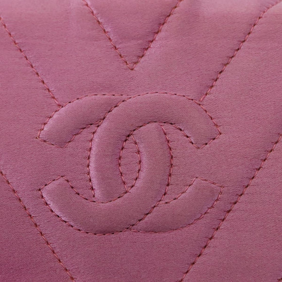 CHANEL V Stitch Hand Bag Satin Pink Gold CC Auth 146447