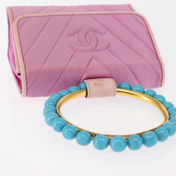 CHANEL V Stitch Hand Bag Satin Pink Gold CC Auth 146447