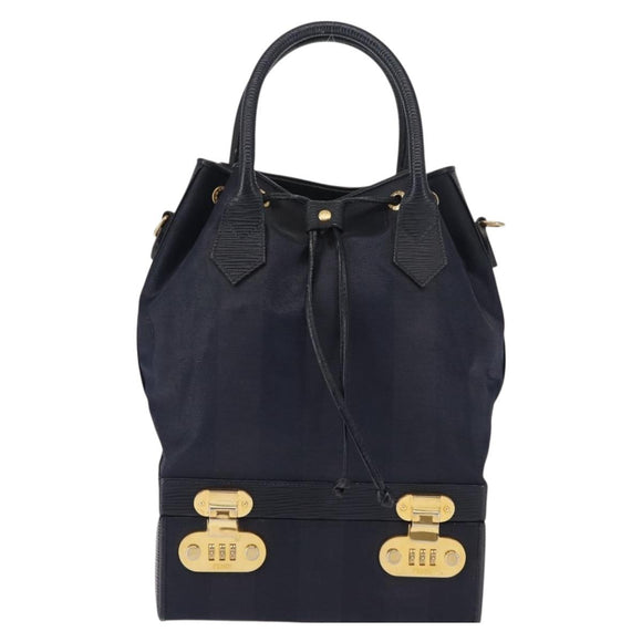 FENDI Pecan Canvas Hand Bag PVC Navy Gold Auth 146482
