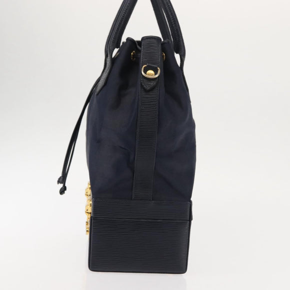 FENDI Pecan Canvas Handtas PVC Navy Goud Auth 146482