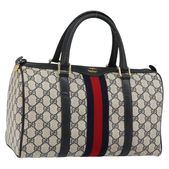GUCCI GG Supreme Sherry Line Boston Bag PVC Navy Gold 39 02 007 Auth 146490