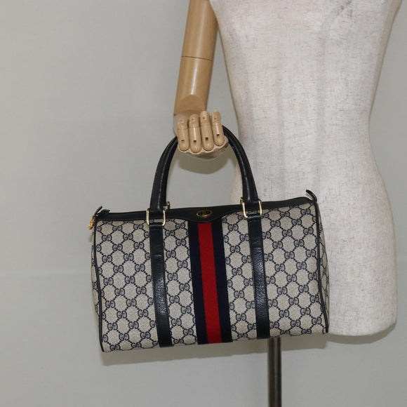 GUCCI GG Supreme Sherry Line Boston Bag PVC Navy Gold 39 02 007 Auth 146490