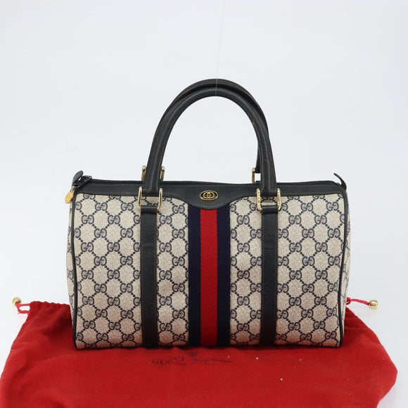 GUCCI GG Supreme Sherry Line Boston Bag PVC Navy Gold 39 02 007 Auth 146490