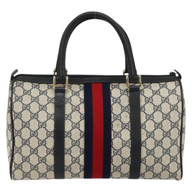 GUCCI GG Supreme Sherry Line Boston Bag PVC Navy Gold 39 02 007 Auth 146490 - 0