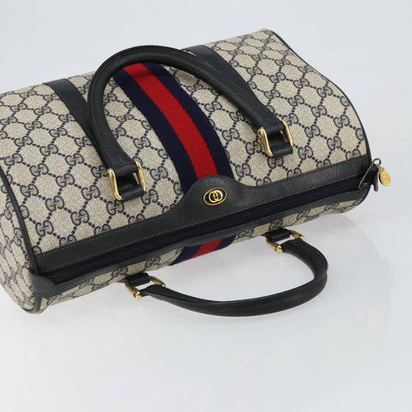 GUCCI GG Supreme Sherry Line Boston Bag PVC Navy Gold 39 02 007 Auth 146490