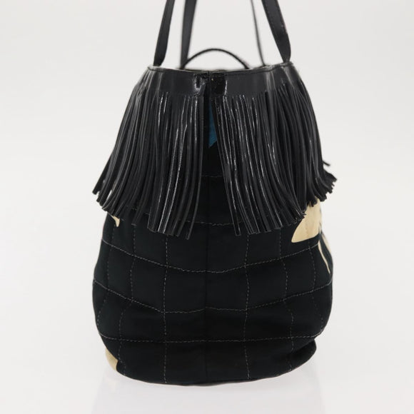 CHANEL Choco Bar Tote Bag Canvas Black Silver CC Auth 146496