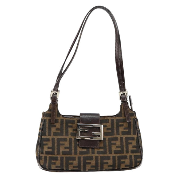 FENDI Zucca Canvas Shoulder Bag Black Brown Auth 146505