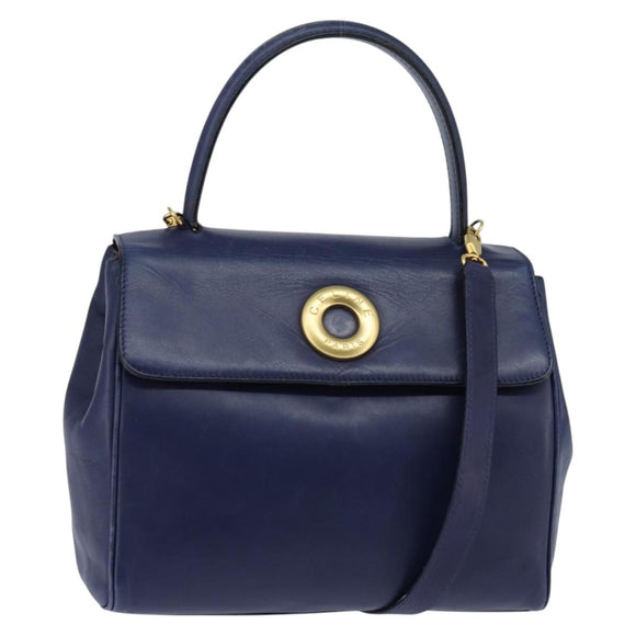 CELINE Circle Hand Bag Leather 2way Blue Gold Auth 146519