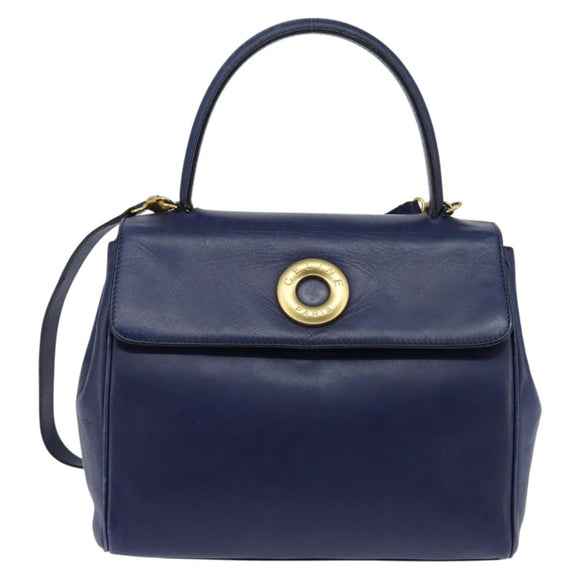 CELINE Circle Hand Bag Leather 2way Blue Gold Auth 146519