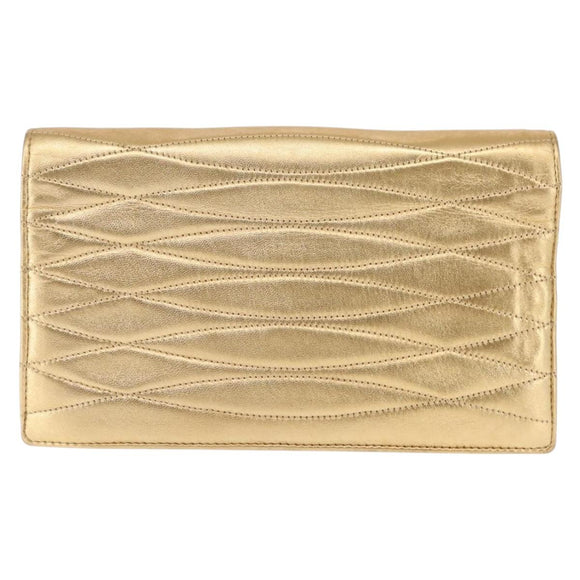 CHANEL Clutch Bag Leather Gold CC Auth 146526