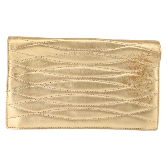 CHANEL Clutch Bag Leather Gold CC Auth 146526