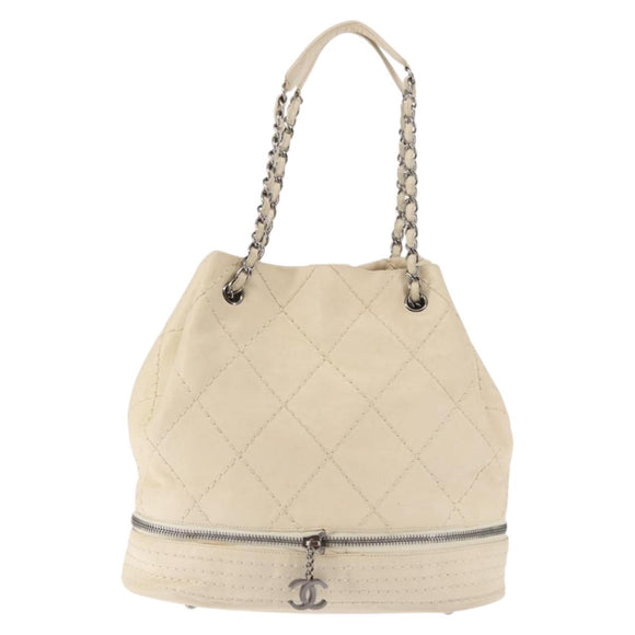 CHANEL Wild Stitch Chain Shoulder Bag Leather Ivory Silver CC Auth 146532