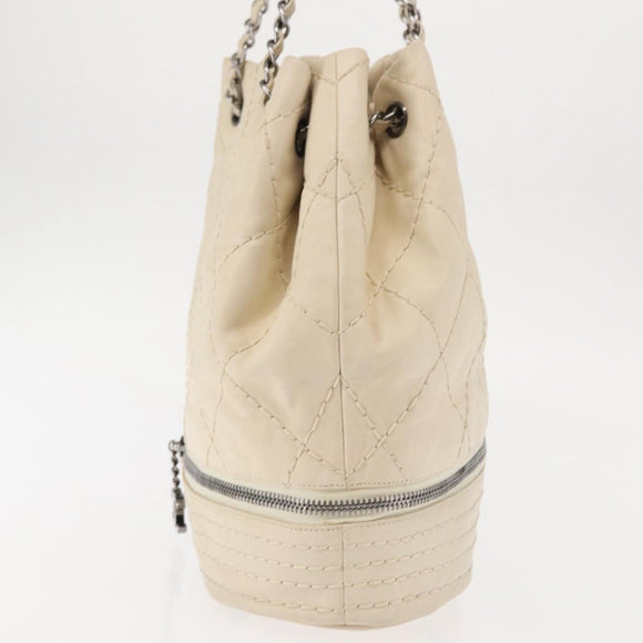 CHANEL Wild Stitch Chain Shoulder Bag Leather Ivory Silver CC Auth 146532