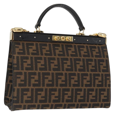 FENDI Zucca Canvas Hand Bag Black Brown Auth 146546V