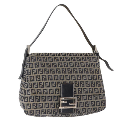FENDI Zucchino Canvas Mamma Baguette Shoulder Bag Navy Silver Auth 146550V