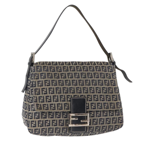 FENDI Zucchino Canvas Mamma Baguette Shoulder Bag Navy Silver Auth 146550V