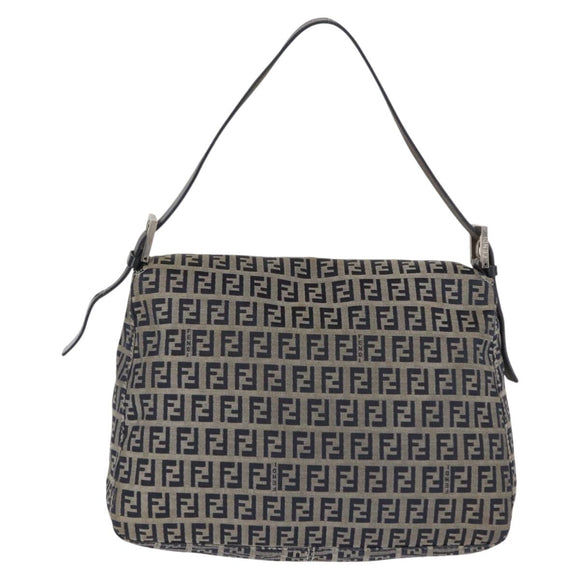 FENDI Zucchino Canvas Mamma Baguette Shoulder Bag Navy Silver Auth 146550V