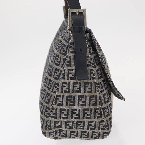 FENDI Zucchino Canvas Mamma Baguette Shoulder Bag Navy Silver Auth 146550V
