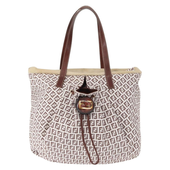 FENDI Zucchino Canvas Tote Bag White Brown Auth 146551V