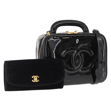 CHANEL Vanity Shoulder Bag Patent leather 2way Black Gold CC Auth 146552V