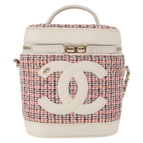 CHANEL Chain Vanity Shoulder Bag Tweed White Gold CC Auth 146553SAM