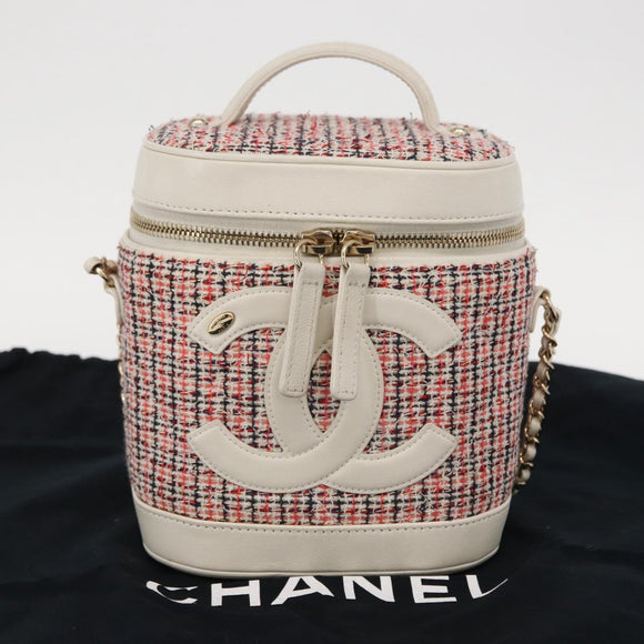 CHANEL Chain Vanity Shoulder Bag Tweed White Gold CC Auth 146553SAM
