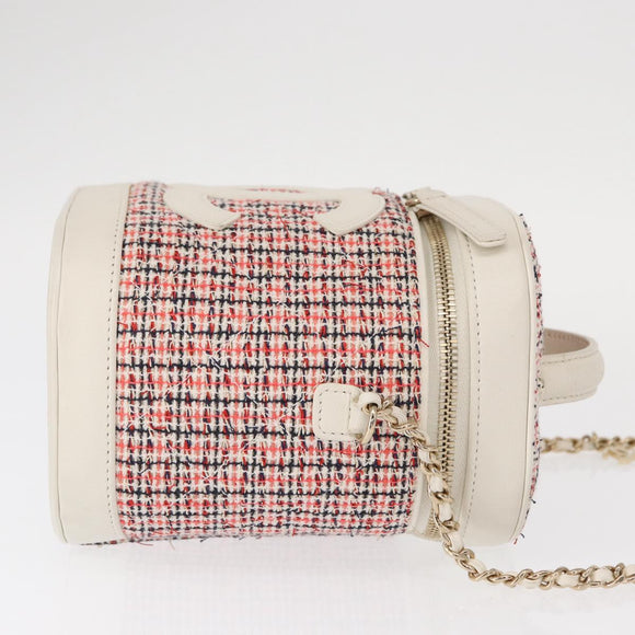 CHANEL Chain Vanity Shoulder Bag Tweed White Gold CC Auth 146553SAM