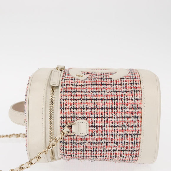 CHANEL Chain Vanity Shoulder Bag Tweed White Gold CC Auth 146553SAM