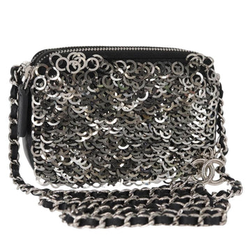 CHANEL Chain Shoulder Bag Sequin Black Silver CC Auth 146554SM
