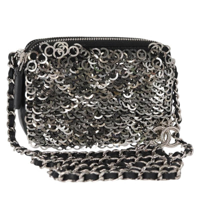 CHANEL Chain Shoulder Bag Sequin Black Silver CC Auth 146554SM