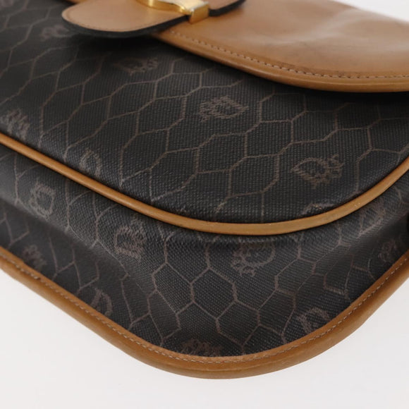 Christian Dior Honeycomb Canvas Shoulder Bag PVC Black Brown gold Auth 146582