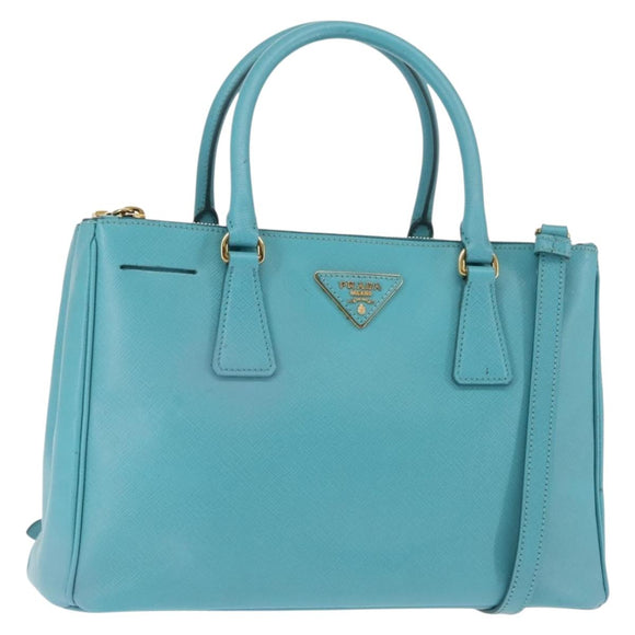 PRADA Galleria Hand Bag Safiano Leather 2way Turquoise Blue Gold Auth 146590