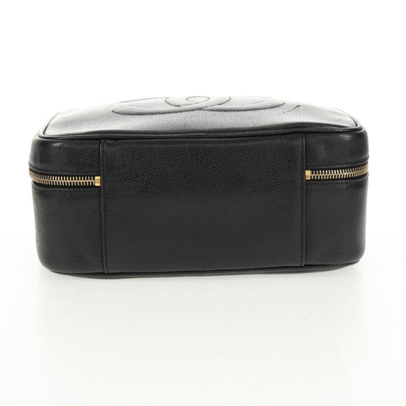 CHANEL COCO Mark Vanity Hand Bag Caviar Skin Black Gold CC Auth 146602A