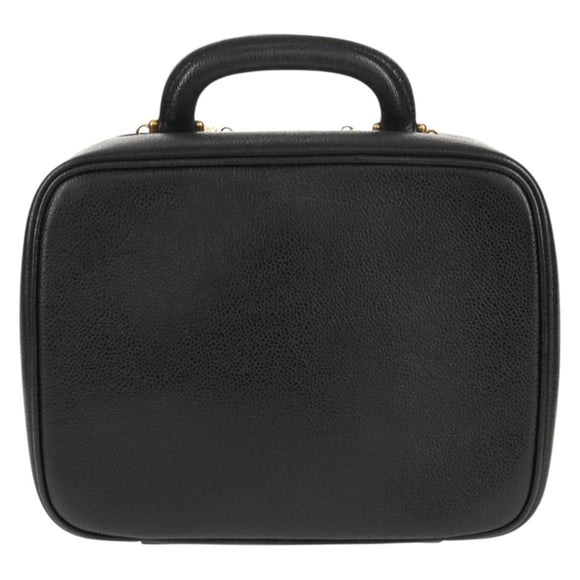 CHANEL COCO Mark Vanity Hand Bag Caviar Skin Black Gold CC Auth 146602A