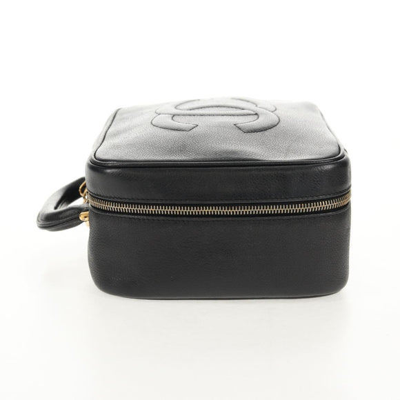 CHANEL COCO Mark Vanity Hand Bag Caviar Skin Black Gold CC Auth 146602A