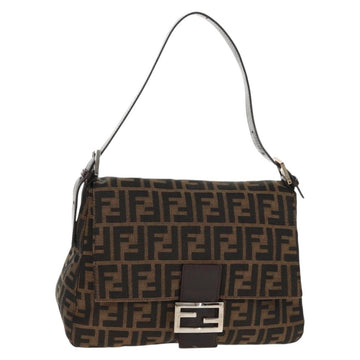 FENDI Zucca Canvas Mamma Baguette Shoulder Bag Black Brown Silver Auth 146614V