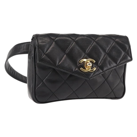 CHANEL Waist pouch Matelasse Waist bag Leather Black Gold CC Auth 146618