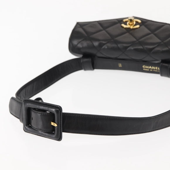 CHANEL Waist pouch Matelasse Waist bag Leather Black Gold CC Auth 146618