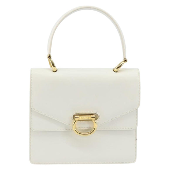 CELINE Hand Bag Leather White Gold Auth 146638