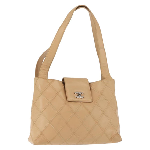 CHANEL Bicolore Shoulder Bag Lamb Skin Beige Silver CC Auth 146639