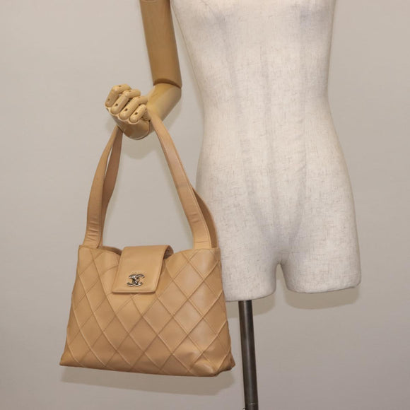 CHANEL Bicolore Shoulder Bag Lamb Skin Beige Silver CC Auth 146639